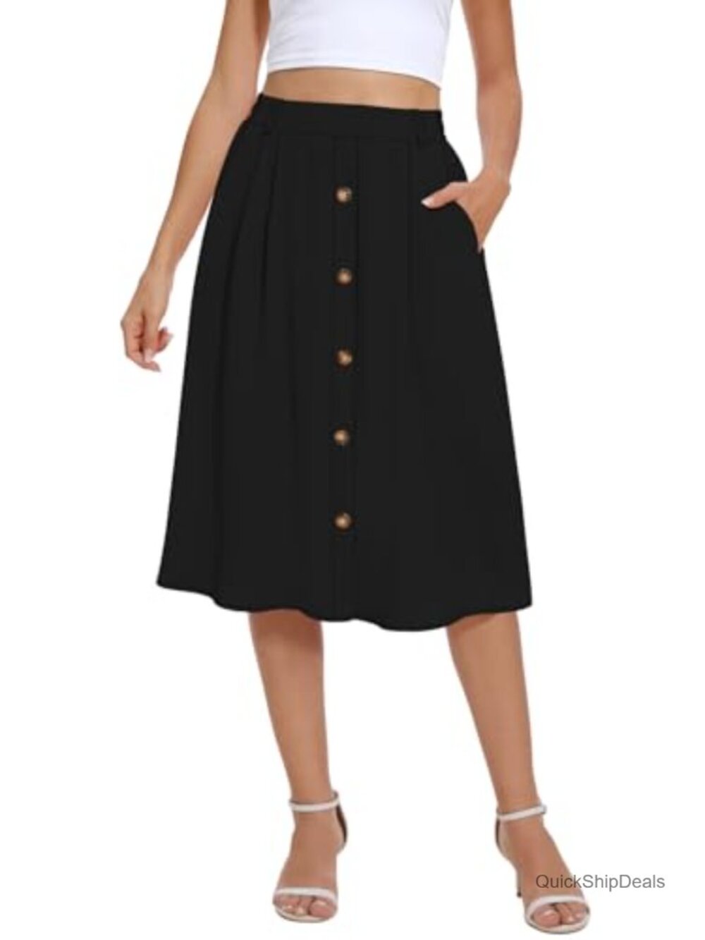 Flowy Midi Skirt Women's Pleated High Waisted Button Front Casual Skirt with